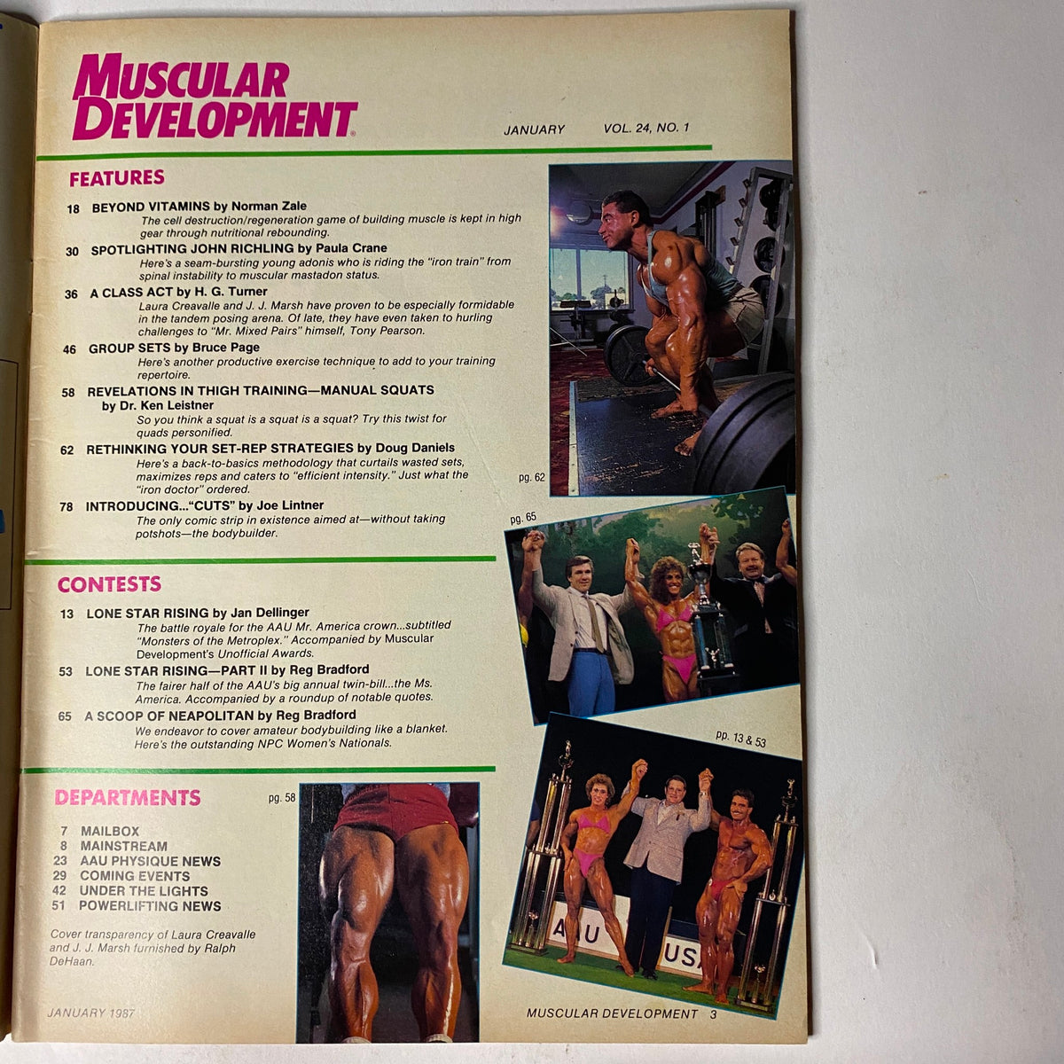 Table of contents page from Muscular Development Magazine January 1987, highlighting features such as articles on vitamins, thigh training, and set-rep strategies, along with sports photography.