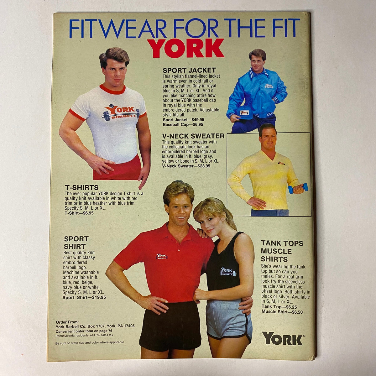 Promotional advertisement for fitness apparel from York featuring various models showcasing muscle shirts, t-shirts, a sport jacket, a v-neck sweater, and tank tops. Image from Muscular Development Magazine February 1987 Vol 24 No. 2 Glenn Knerr.