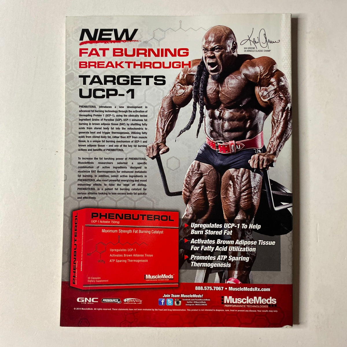 Advertisement page in MuscleMag International Magazine Fall 2014, promoting a fat-burning supplement targeting UCP-1 and promoting effective fat utilization.