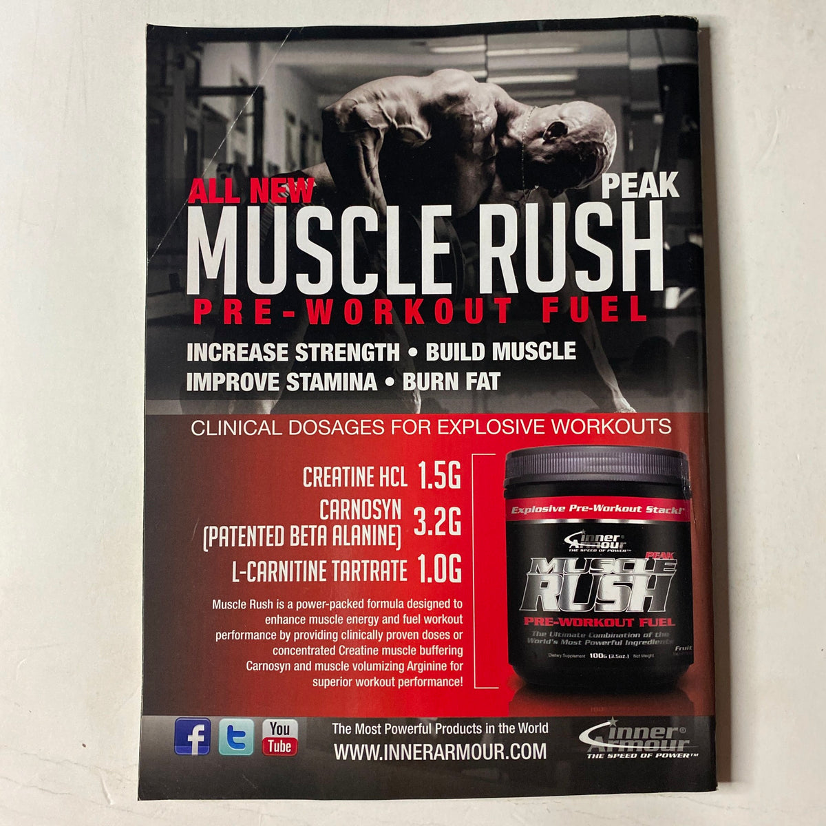 MuscleMag International Magazine August 2013 advertisement for 'Muscle Rush' pre-workout fuel, detailing its ingredients for strength and stamina enhancement.
