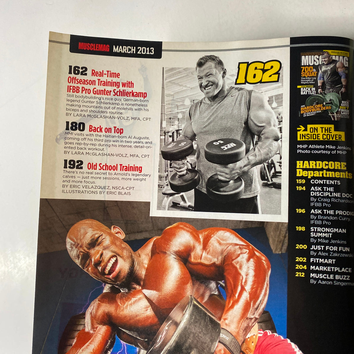 Page from MuscleMag International Magazine March 2013 #370, focused on training methodologies and tips from professional trainers, including images of athletes demonstrating workouts.