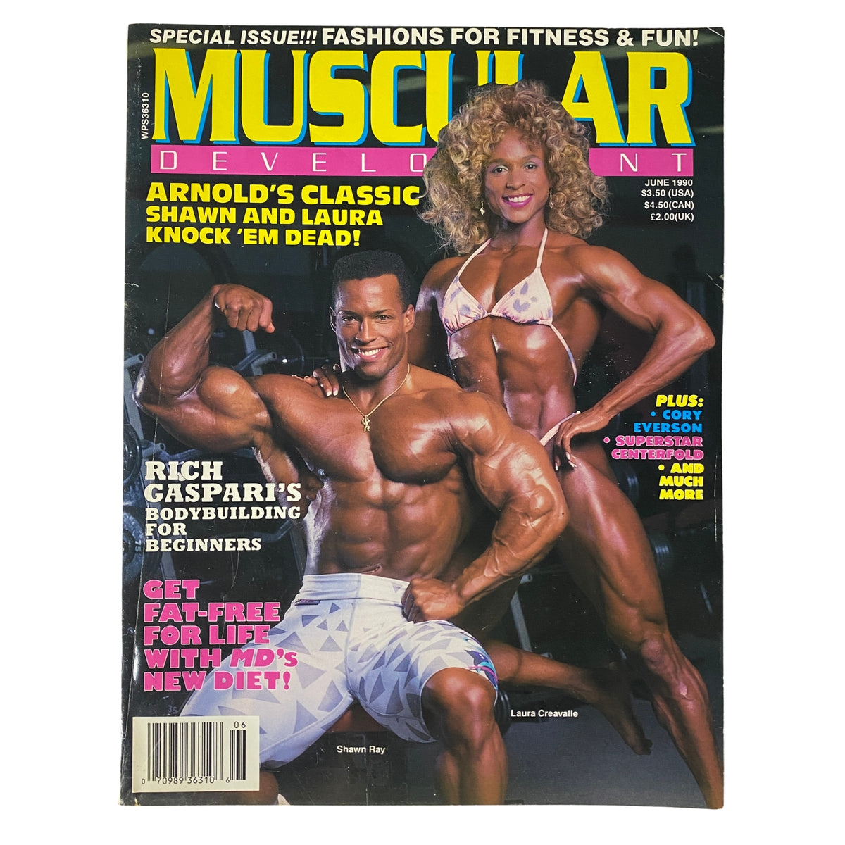 Muscular Development Magazine cover from June 1990 featuring Shawn Ray and Laura Creavalle, highlighting their impressive physiques and promoting fitness articles.