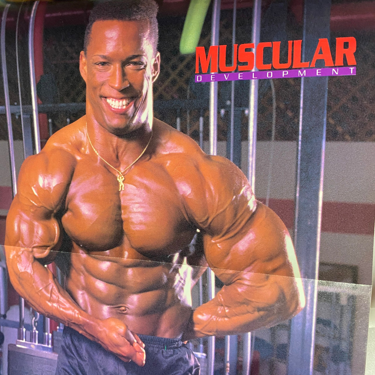 Centerfold poster of Shawn Ray from Muscular Development Magazine June 1990, showcasing his muscular physique in an impressive and confident manner.