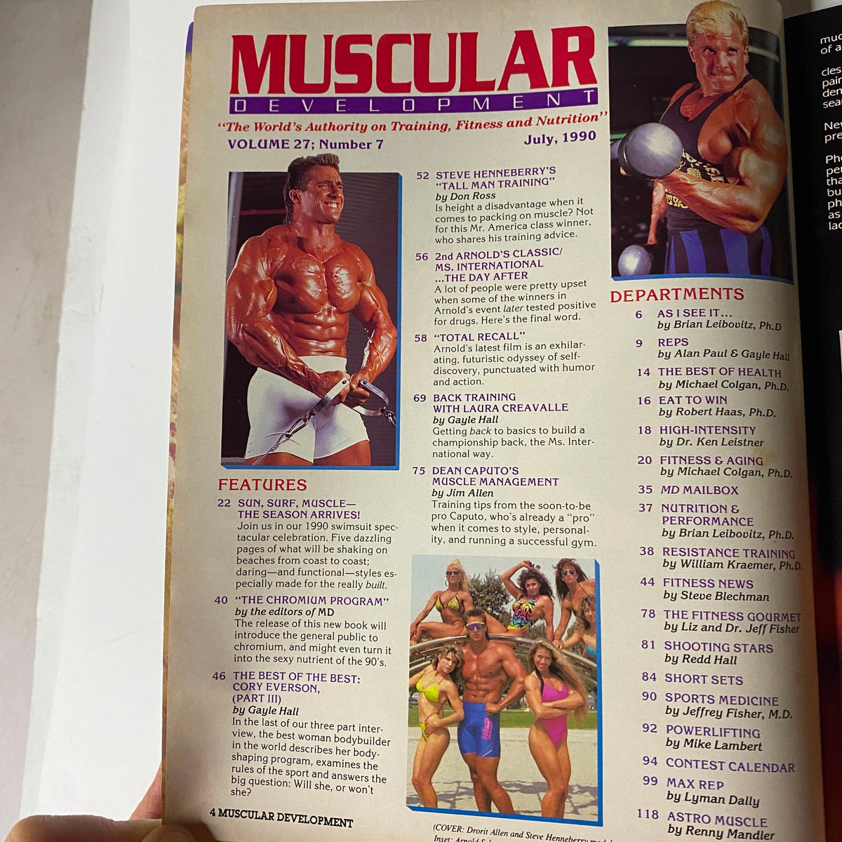 Inside page of Muscular Development Magazine July 1990, showcasing contents and featured articles related to bodybuilding and fitness training.