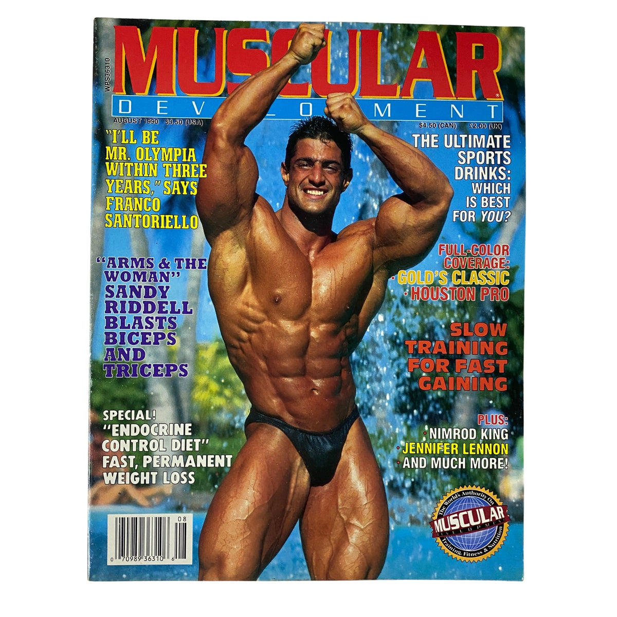 Cover of Muscular Development Magazine August 1990 featuring Franco Santoriello showcasing his physique with a background of water. This issue includes articles on training and bodybuilding. Collectible magazine in very good condition.