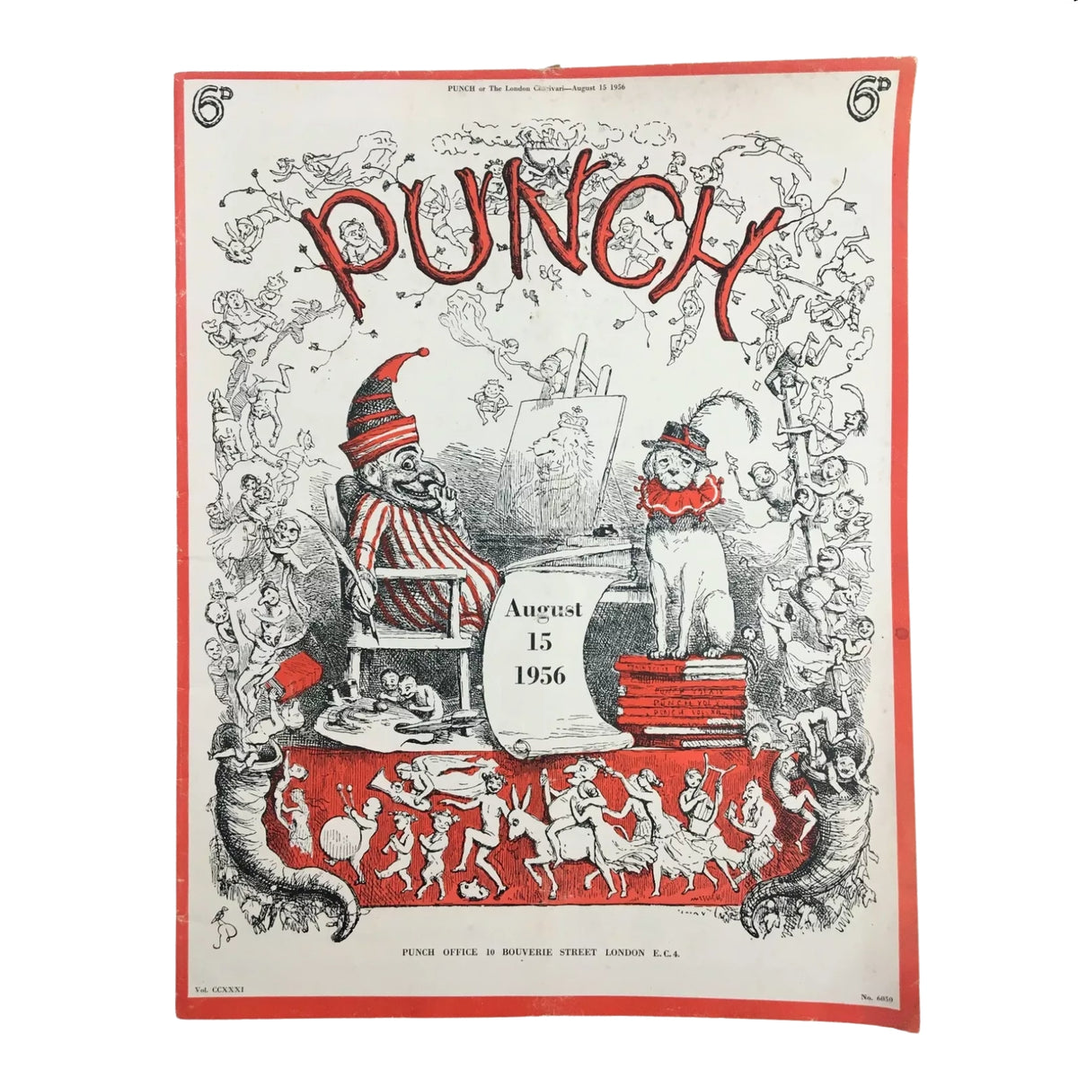 Cover of Punch Magazine dated August 15, 1956 featuring whimsical characters and detailed artwork, Lot of 2 Punch Magazines August 1956 – Vintage British Satire & Cartoons.