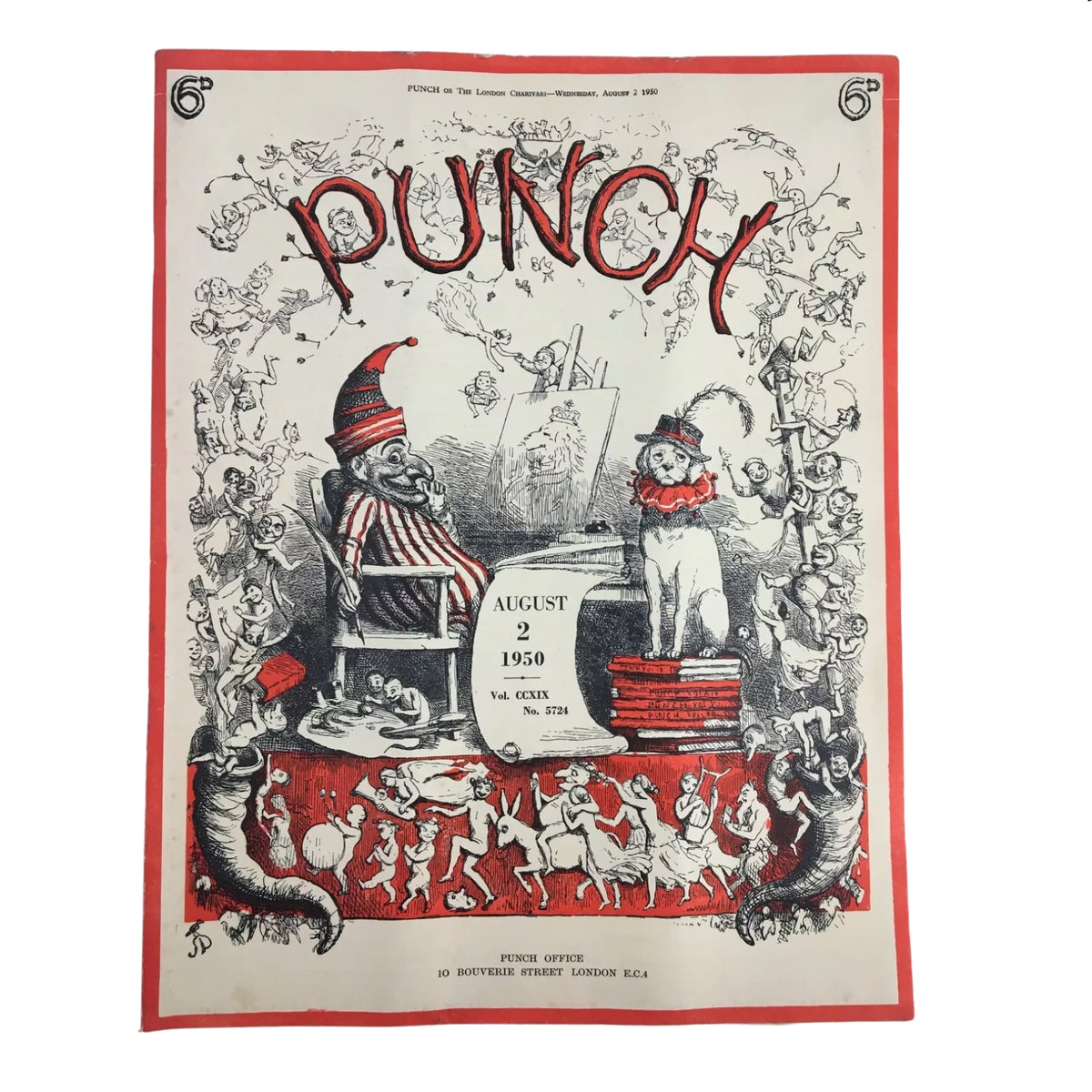 Punch magazine cover from August 2, 1950, part of a collection of 6 vintage British satire magazines, depicting whimsical cartoons and satire reflective of post-war Britain.