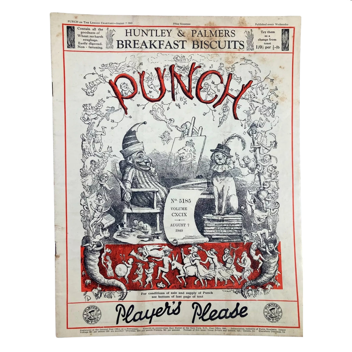Cover of Punch Magazine dated August 7, 1940, highlighting British humor and wartime commentary as part of the Lot of 10 Punch Magazines (1940).