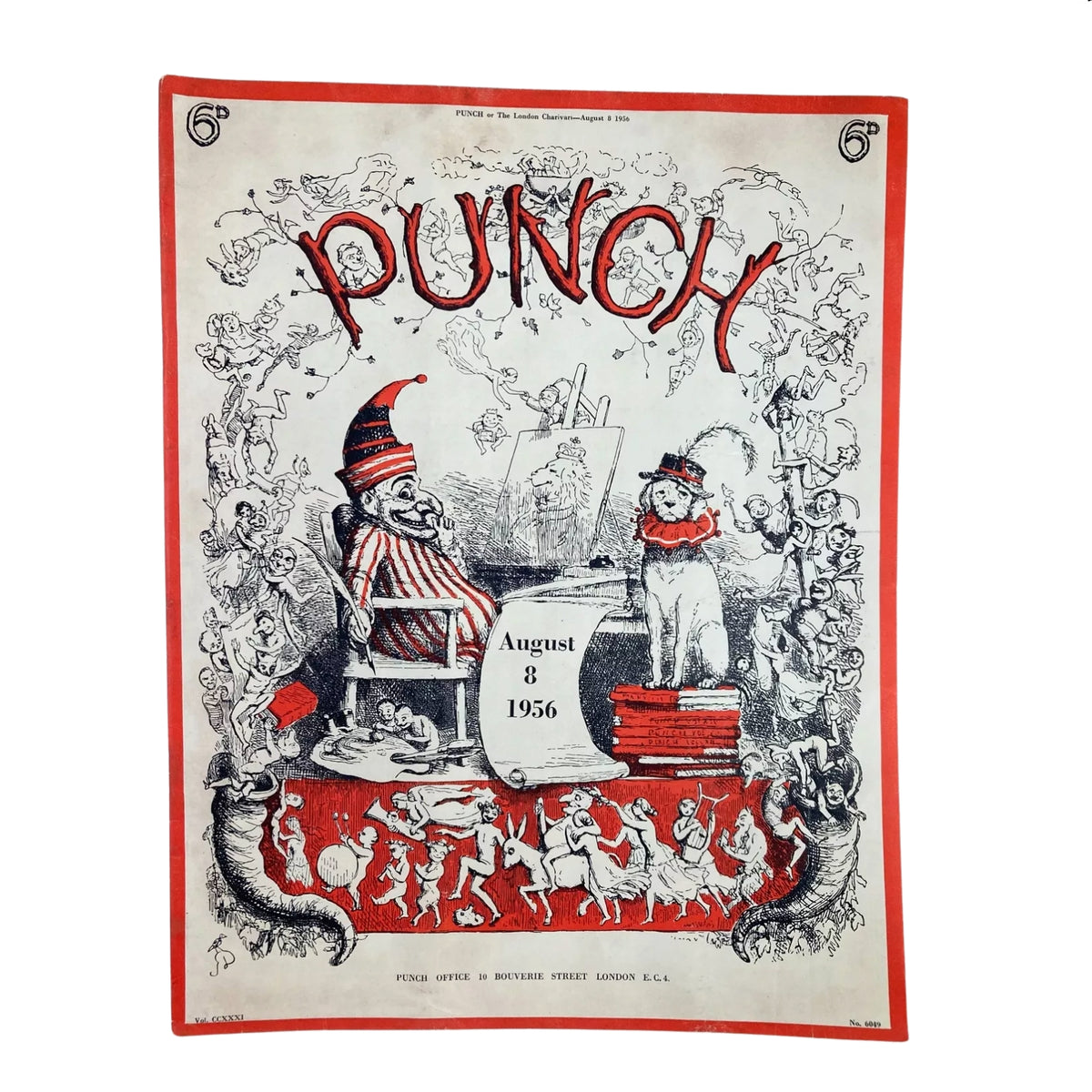 Cover of Punch Magazine dated August 8, 1956 showcasing cartoonish art and satire, Lot of 2 Punch Magazines August 1956 – Vintage British Satire & Cartoons.