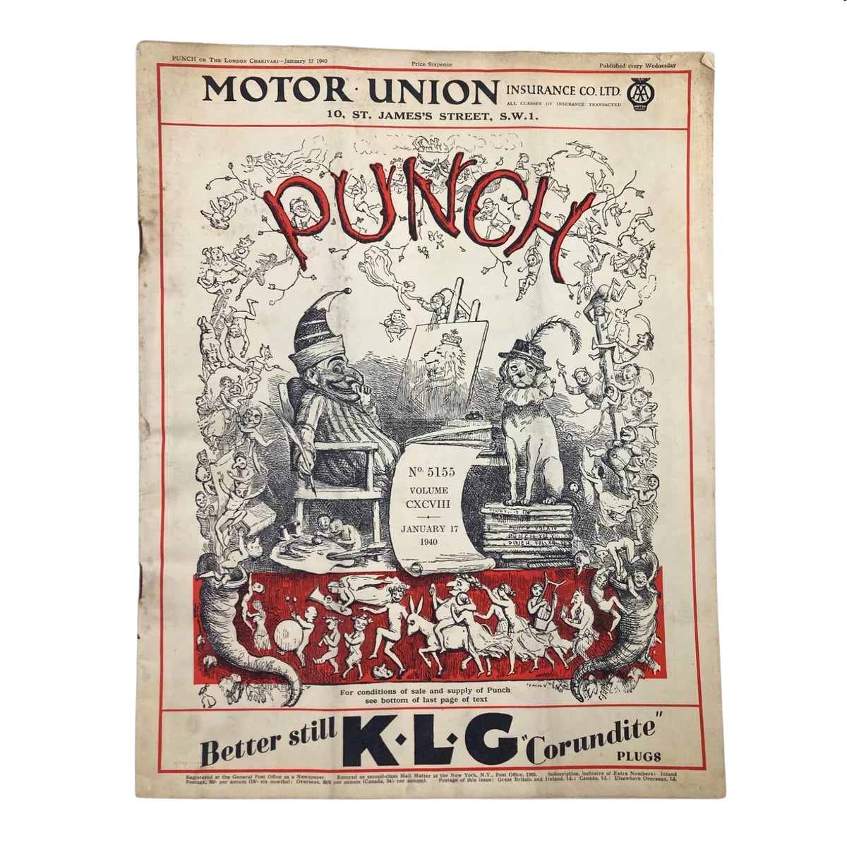 Cover of Punch Magazine dated January 17, 1940, featuring humorous content relevant to the onset of World War II, included in the Lot of 10 Punch Magazines (1940).