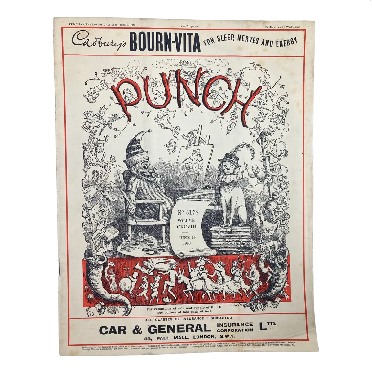 Punch Magazine Cover from June 19, 1940, featuring vibrant illustrations and witty satire, included in the Lot of 10 Punch Magazines – WWII Era British Satire & Cartoons.