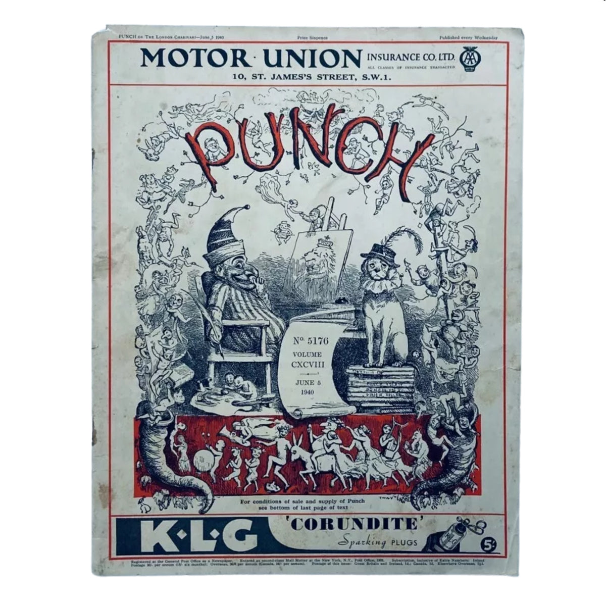 Cover of Punch Magazine dated June 5, 1940, depicting political satire and cartoons, part of the historical Lot of 10 Punch Magazines (1940).