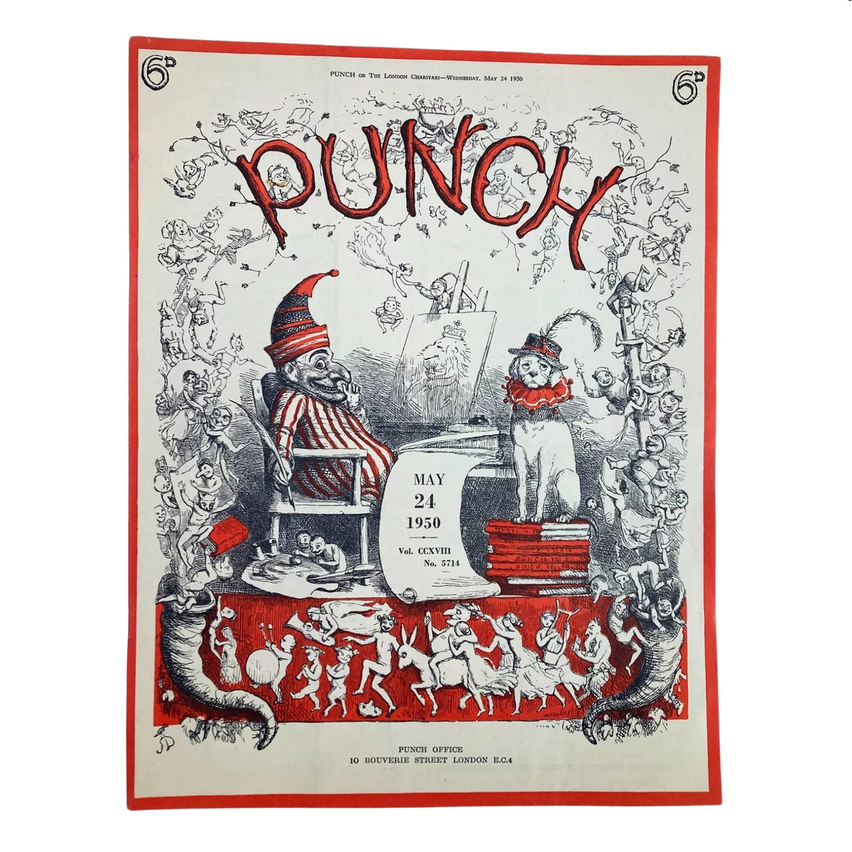 Vintage Punch magazine cover dated May 24, 1950, featuring whimsical illustrations and characters, part of a collection of 6 Punch Magazines from 1950 - Vintage British Satire & Cartoons.