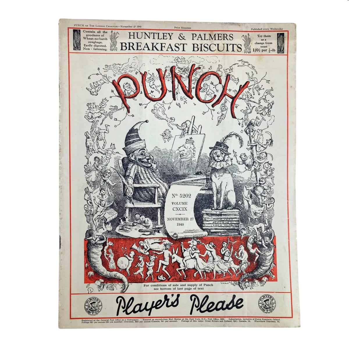 Punch Magazine Cover from November 27, 1940, with engaging illustrations and satire reflecting wartime themes, part of the Lot of 10 Punch Magazines – WWII Era British Satire & Cartoons.