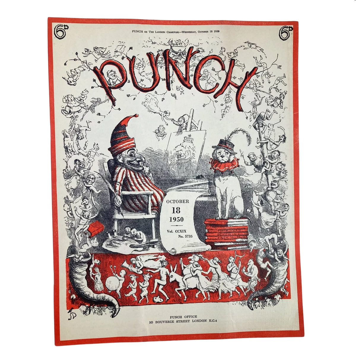 Vintage Punch magazine cover dated October 18, 1950, displaying humorous artwork and clever satire, part of a collection of 6 Punch Magazines from 1950 - Vintage British Satire & Cartoons.