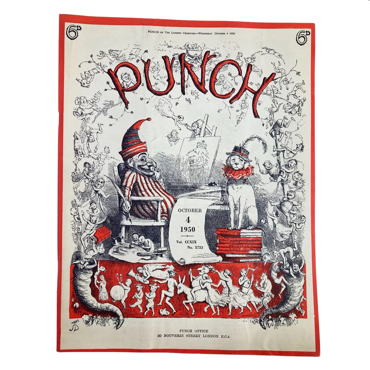 Vintage Punch magazine cover dated October 4, 1950, featuring playful illustrations and satirical themes, part of a collection of 6 Punch Magazines from 1950 - Vintage British Satire & Cartoons.