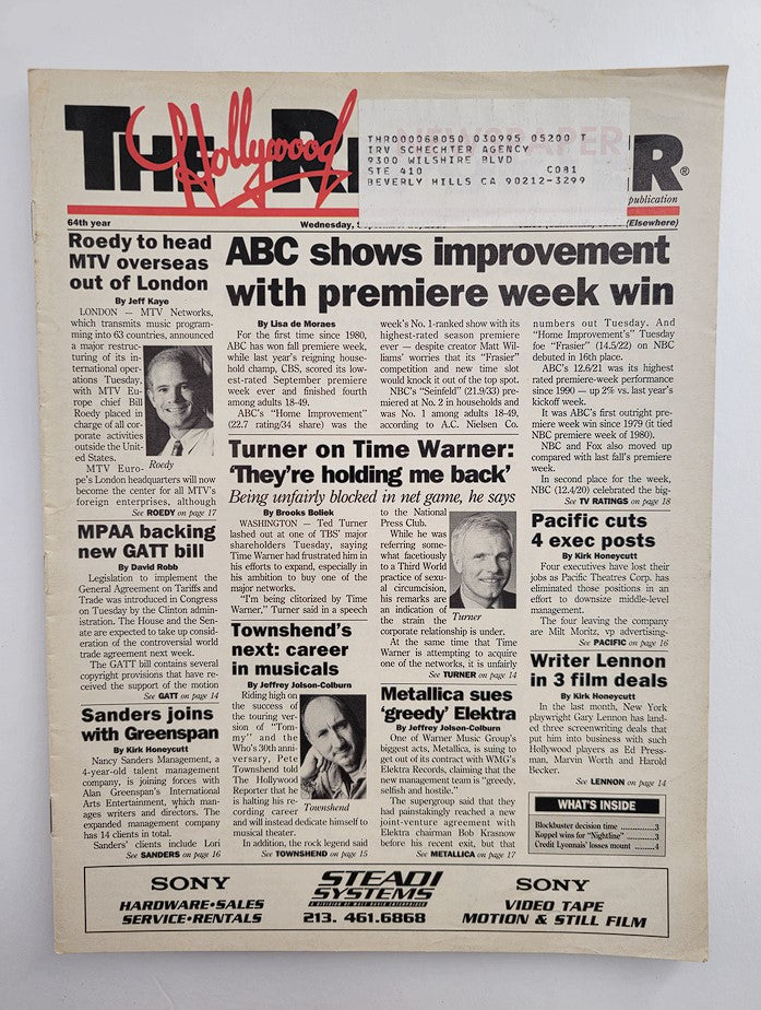The Hollywood Reporter Magazine September 1994 cover featuring headlines about ABC's improvements during premiere week, along with various entertainment industry news articles and notable figures from the time.