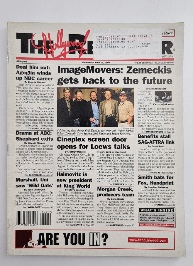 The Hollywood Reporter magazine cover from June 18, 1997, featuring the headline 'ImageMovers: Zemeckis gets back to the future'. It displays notable figures Walter Parkes, Robert Zemeckis, Steve Starkey, Jack Rapke, and Steven Spielberg celebrating their five-year deal, highlighting significant moments in Hollywood's film industry history.