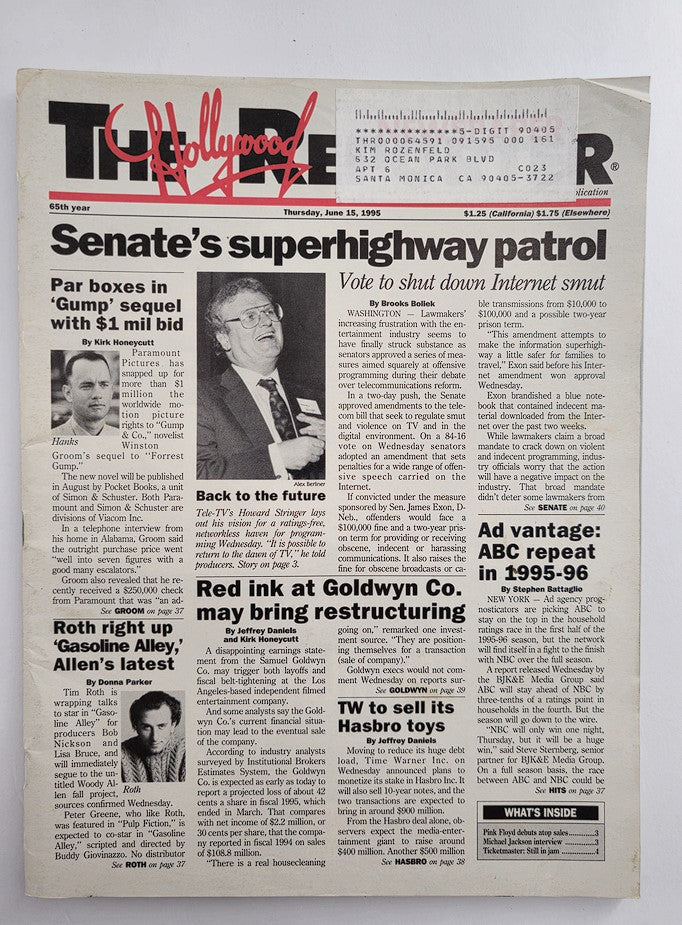 The Hollywood Reporter Magazine from June 15, 1995, featuring coverage of the 'Gump' sequel with Tom Hanks on the cover. The magazine showcases an iconic moment in 90s cinema history, highlighting its cultural significance and collectible nature.