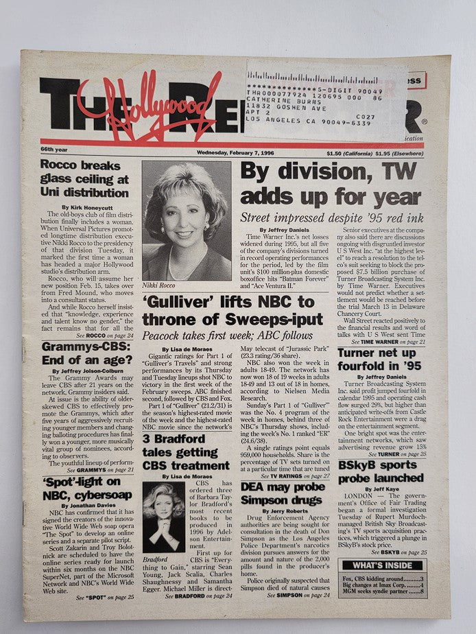 Cover of The Hollywood Reporter Magazine from February 7, 1996, featuring Nicci Rocco with the headline 'Rocco breaks glass ceiling at Uni distribution'. The magazine highlights significant achievements of women in Hollywood during the 90s.