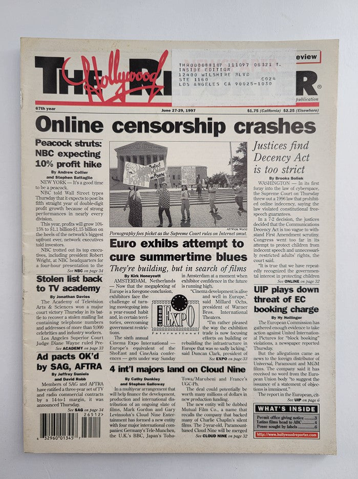 The Hollywood Reporter Magazine from June 27, 1997, featuring articles on online censorship crashes and Euro exhibits attempting to cure summertime blues. The cover highlights significant events in the film industry during that period.