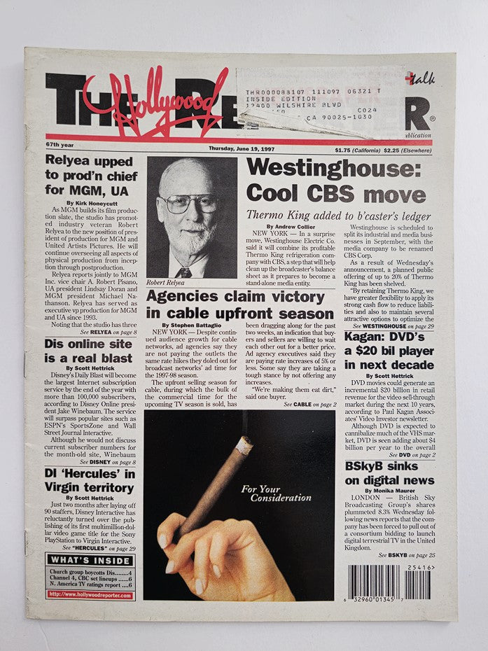 The Hollywood Reporter Magazine, June 19, 1997, featuring Robert Relyea, Production Chief for MGM, on the cover with articles on industry trends and cable upfront season.