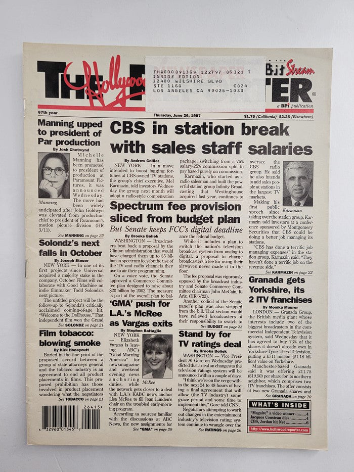 The Hollywood Reporter Magazine June 26 1997 featuring Michelle Manning for Par Production, showcasing the cover with articles on entertainment industry news of the time.