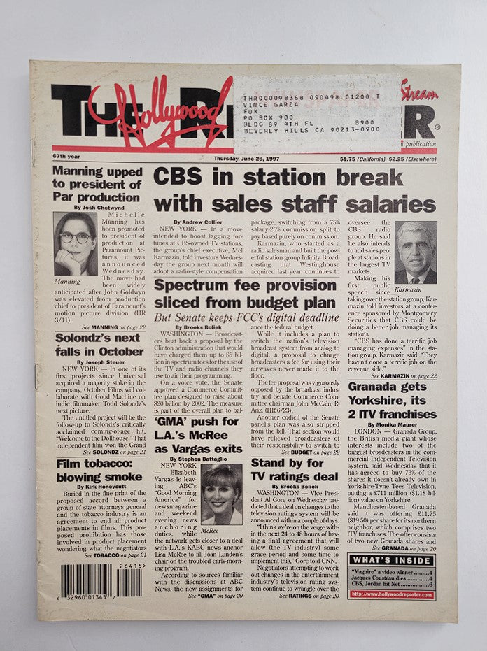 The Hollywood Reporter Magazine from June 26, 1997, showcasing Elizabeth Vargas and Mel Karmazin on the cover. This vintage edition features key articles and insights into the entertainment industry during the late 90s.