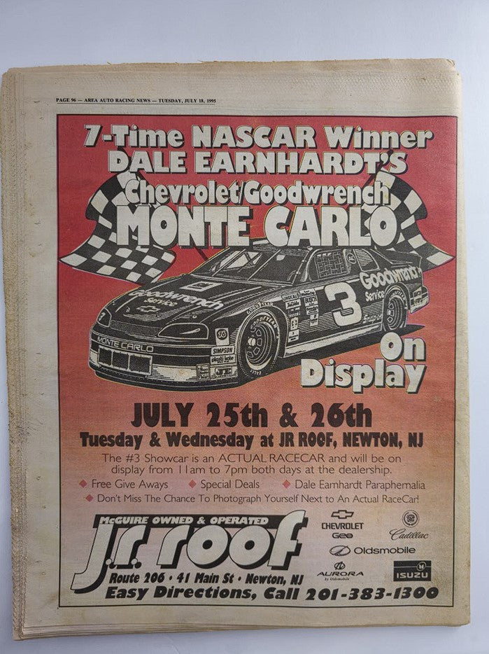 Advertisement from the Area Auto Racing News Tabloid dated July 18, 1995, showcasing Dale Earnhardt's Chevrolet Goodwrench Monte Carlo, highlighting an event at JR Roof in Newton, NJ.