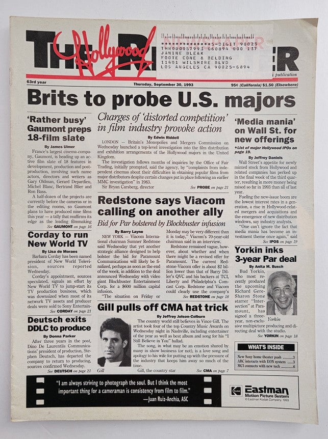 Cover of The Hollywood Reporter Magazine dated September 30, 1993, featuring the headline 'Brits to probe U.S. majors' which discusses British filmmakers investigating major U.S. film companies, showcasing a pivotal moment in the film industry.