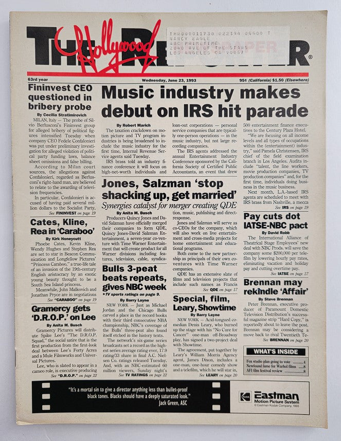 The Hollywood Reporter Magazine from June 23, 1993, featuring the headline 'Music industry makes debut on IRS hit parade.' This vintage publication captures pivotal moments in the music industry and offers insights into the early 1990s music scene.