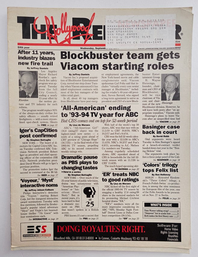 The Hollywood Reporter Magazine September 1994 edition featuring articles on entertainment industry updates, including LA’s Mayor Richard Riordan's insights and significant events in television and film.