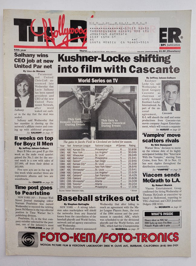 The Hollywood Reporter Magazine cover from September 1994 featuring the headline 'Salhany wins CEO job at new United Par net.' The cover includes a photograph of Lucy Shalhany, spotlighting her achievement, along with various articles related to the entertainment industry during that era.