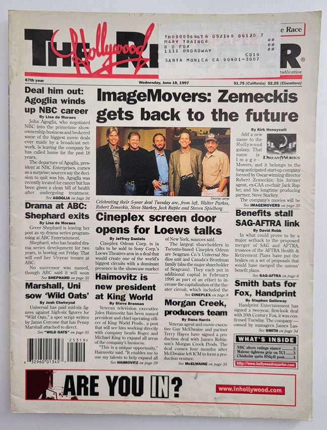 Cover of The Hollywood Reporter Magazine dated June 18, 1997, featuring the headline 'ImageMovers: Zemeckis gets back to the future'. The image showcases the magazine's front page, highlighting industry news including Robert Zemeckis and his team celebrating their project. The publication details, such as the date and price, are included.