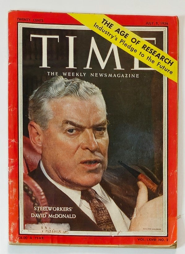 Vintage cover of VTG Time Magazine dated July 9, 1956, Vol 68 #2 featuring a portrait of steelworkers' leader David McDonald, illustrating the theme 'The Age of Research' in industry.