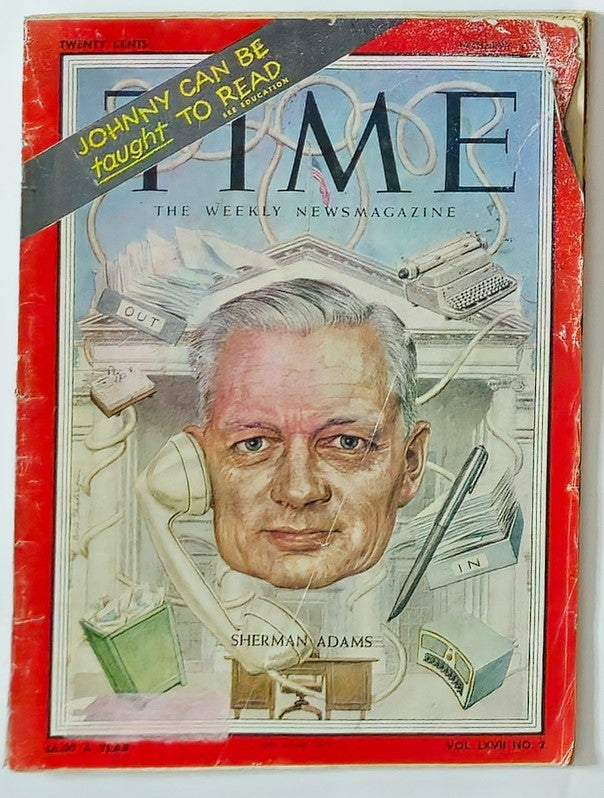 Vintage Time Magazine from January 9, 1956, featuring Sherman Adams on the cover, showcasing a unique illustration alongside a red border, representing the historical significance of mid-20th century American politics.