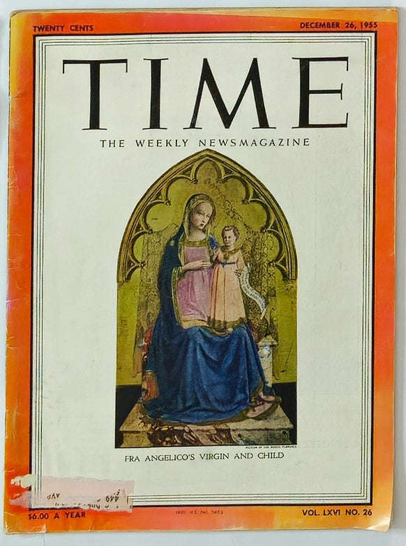 Cover of VTG Time Magazine December 26 1955 showcasing Fra. Angelico's Virgin and Child. This vintage magazine features an iconic artwork surrounded by the magazine's title and publication details.