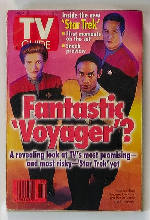 Cover of TV Guide Magazine from January 14, 1995 featuring Kate Mulgrew, Tim Russ, and Robert Beltran, highlighting the new Star Trek series, Voyager. The cover includes the headline 'Fantastic Voyager?' and promises insights into TV's promising new show.