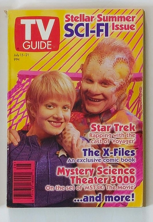 TV Guide Magazine July 15 1995 cover featuring Jennifer Lien and a character from Star Trek: Voyager. Highlighting summer sci-fi themes, with articles on Star Trek, The X-Files, and Mystery Science Theater 3000. Vintage collectible magazine for TV history enthusiasts.