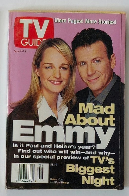 Cover of TV Guide Magazine from September 7, 1996 featuring Helen Hunt and Paul Reiser with the title 'Mad About Emmy' highlighting their roles and upcoming Emmy Awards.