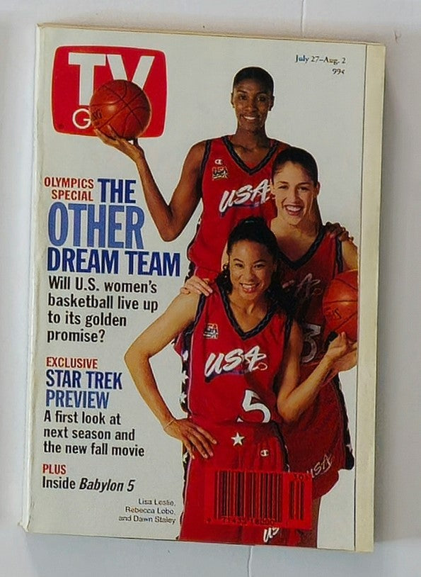 Cover of TV Guide Magazine July 27 1996 featuring Lisa Leslie, Rebecca Lobo, and Dawn Staley in USA basketball uniforms, showcasing an Olympics special and highlights of the TV entertainment scene of the 90s.