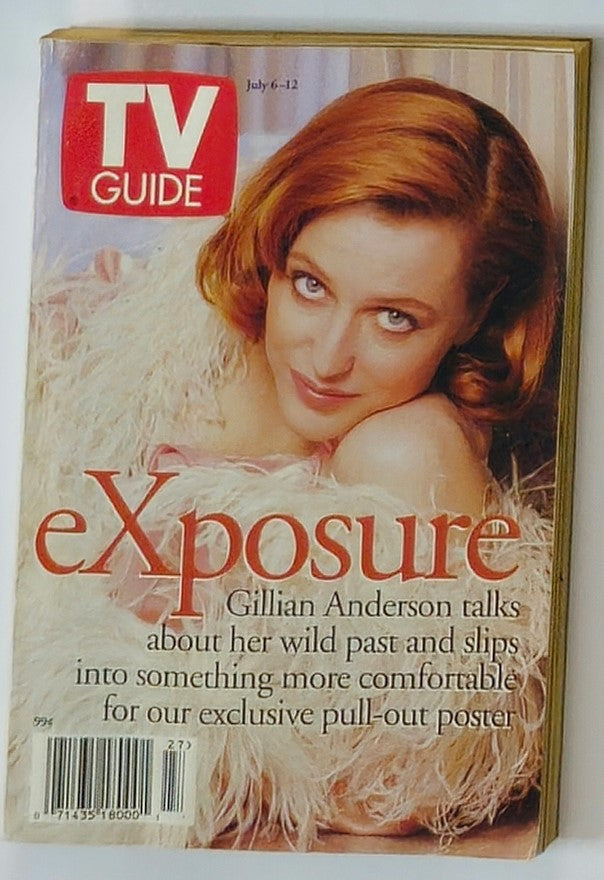 TV Guide Magazine from July 6-12, 1996, featuring Gillian Anderson on the cover, showcasing her in an elegant pose with a feathered outfit, highlighting her role in pop culture and the series 'The X-Files'.
