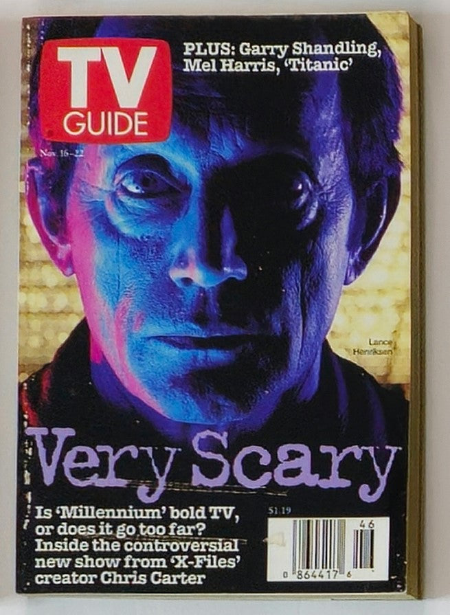 Cover of TV Guide Magazine dated November 16, 1997 featuring Lance Henricksen. Highlights include 'Very Scary' and articles on TV shows like 'Millennium' and creator Chris Carter.