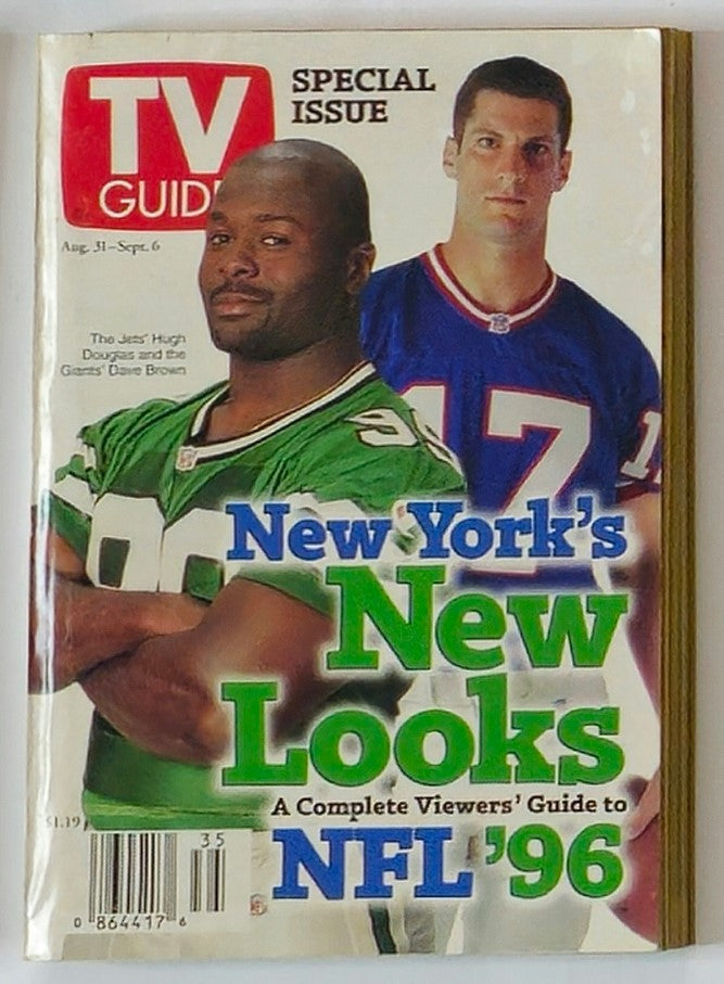 Cover of TV Guide Magazine August 31 1996 featuring Hugh Douglas and Dave Brown, highlighting New York's New Looks and providing a complete viewer's guide to NFL '96, showcasing a special issue from the New York Metro Edition.