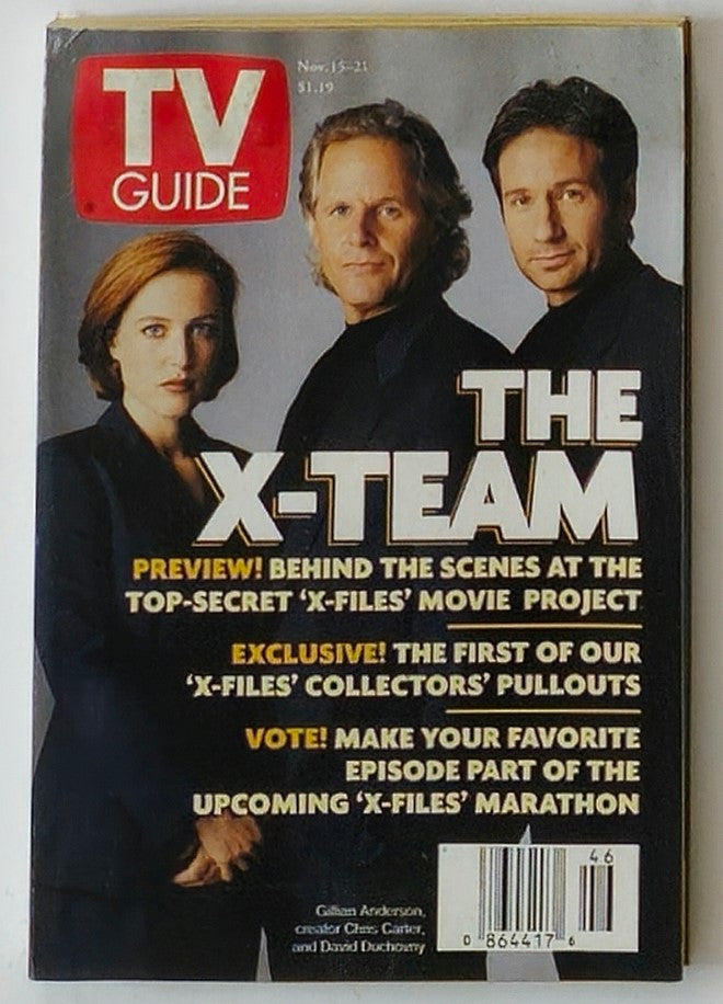 TV Guide Magazine November 15, 1997 cover featuring Gillian Anderson, David Duchovny, and Chris Carter, highlighting The X-Files movie project, collector's pullouts, and a voting feature for favorite episodes.