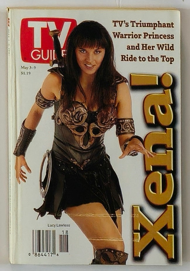 TV Guide Magazine May 3 1997 featuring Lucy Lawless as Xena, the Warrior Princess, on the cover. This vintage publication showcases Lawless in her iconic warrior attire, highlighting her role in the cult classic series.
