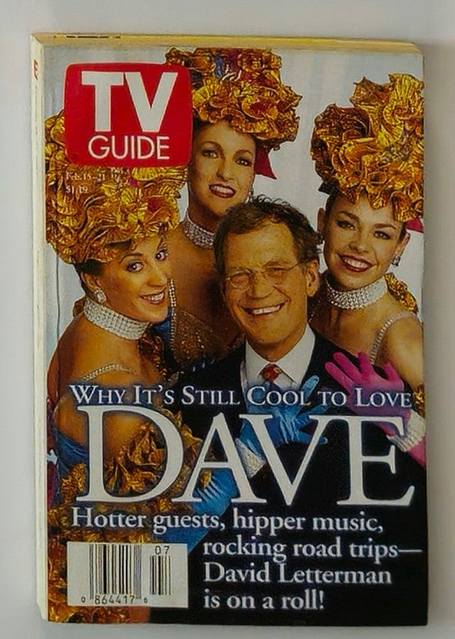 TV Guide Magazine February 15 1997 featuring David Letterman on the cover with three women in vibrant costumes and decorative hats, showcasing a nostalgic snapshot of 1990s pop culture.