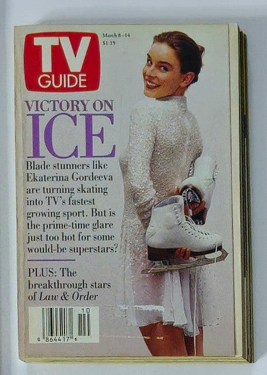 TV Guide Magazine March 8 1997 cover featuring a smiling Ekaterina Gordecva in a white outfit holding ice skates. The headline reads 'Victory on Ice' and discusses the growing popularity of figure skating on television.