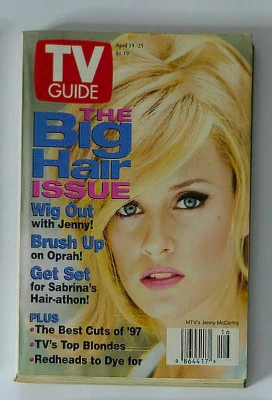 TV Guide Magazine April 19 1997 featuring Jenny McCarthy on the cover, labeled 'The Big Hair Issue', showcasing vibrant colors and retro design.