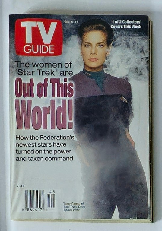 TV Guide Magazine cover from November 8, 1997, featuring Terry Farrell from Star Trek: Deep Space Nine, with the headline 'The women of Star Trek are Out of This World!'. This collectible issue highlights the impact of female characters in the series.
